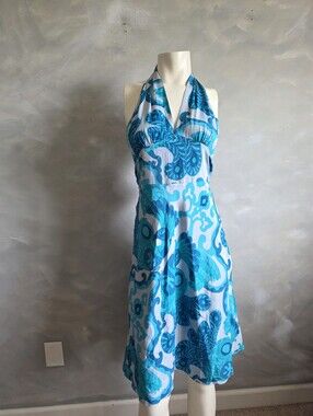 Laundry by Shelli Segal Women's Blue White Silk Cotton Blend Halter Dress 2 Y2K
